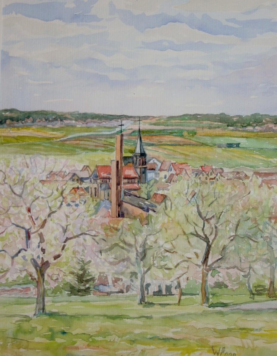 Blick auf Assamstadt 30 x 25 cm Aquarell Natur WALDEMAR POPP